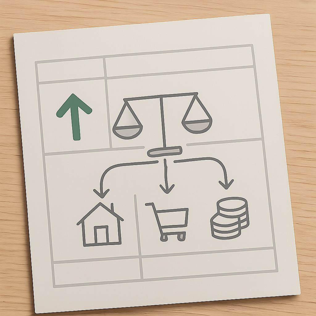 Een illustratie van een financiële begroting met een groene pijl omhoog voor inkomsten, en grijze pijlen omlaag die uitgaven (huis, winkelwagen) en spaargeld (muntstapel) vertegenwoordigen.