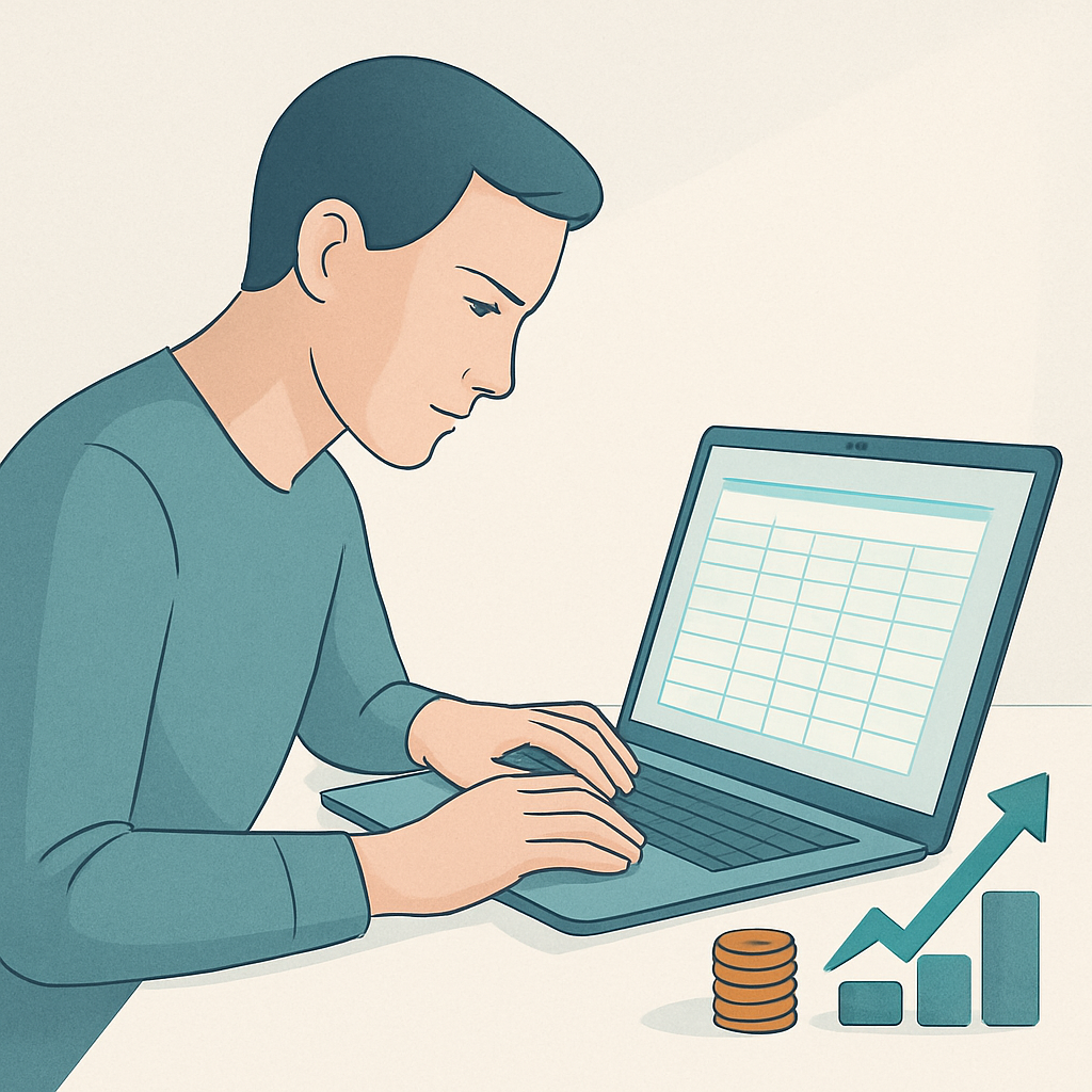 Een persoon bekijkt aandachtig een digitale begroting op een laptop, met symbolen van geld en groei ernaast.