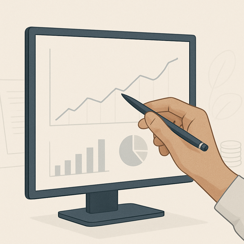 Een minimalistische afbeelding van een hand die met een pen naar een computerscherm wijst, waarop abstracte financiële grafieken en nummers te zien zijn. Op de achtergrond zijn vaag documenten en een stapel munten te zien, symboliserend de voorbereiding en financiële uitkomsten.