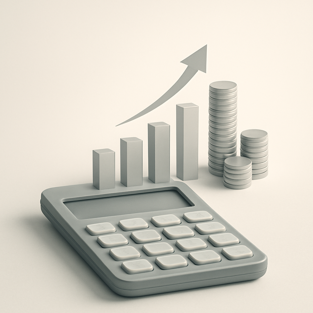 Een minimalistische afbeelding van een gestileerde rekenmachine met omhoog wijzende grafieken en stapels munten, die financiële groei en het strategisch benutten van belastingtools symboliseren.