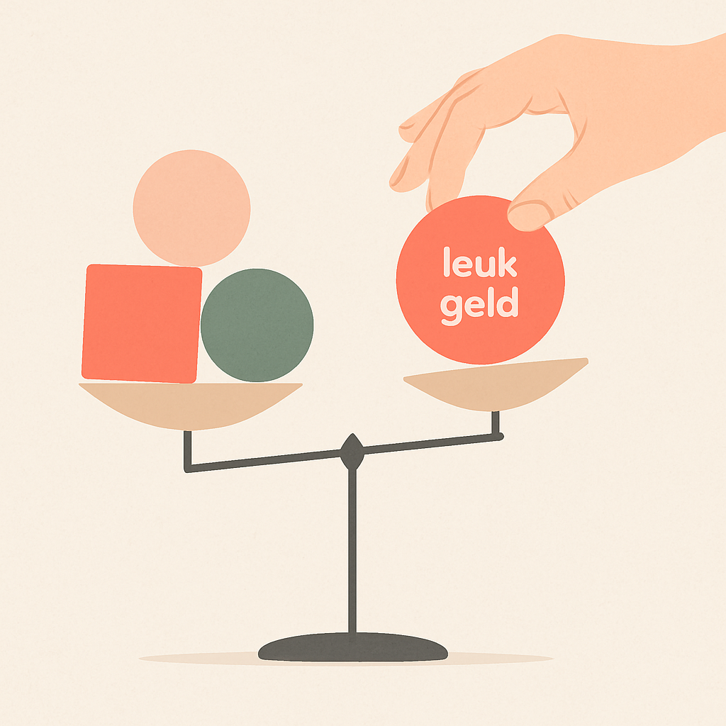 Een minimalistische illustratie van een hand die abstracte, gekleurde vormen balanceert op een weegschaal, wat flexibel budgetteren en het toewijzen van geld aan verschillende categorieën symboliseert, inclusief 'leuk geld'.