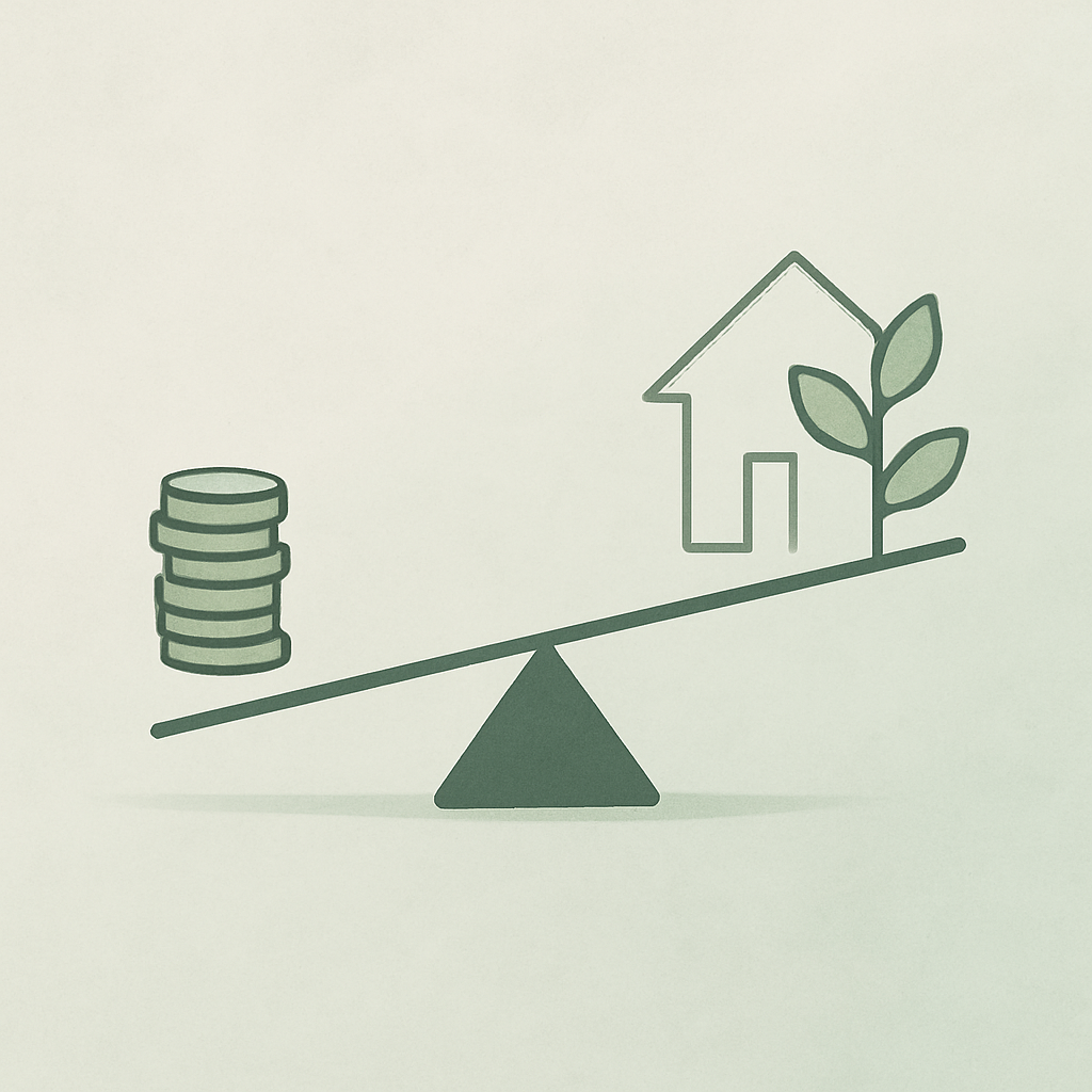 Een minimalistische afbeelding van een weegschaal waarop een lange hefboom een kleine hoeveelheid geld optilt, waardoor een groter, lichter ogend vermogen omhoog wordt gebracht, symbool voor strategisch budgetteren en financiële hefboomwerking.