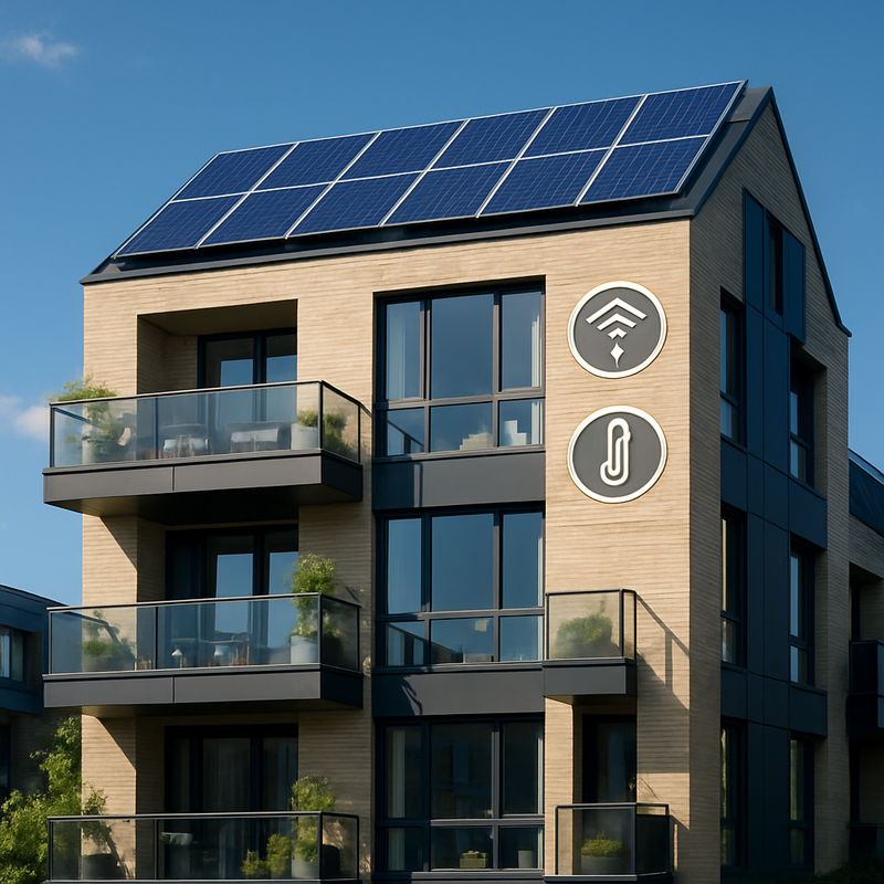 Modern duurzaam woongebouw met zonnepanelen en slimme technologie