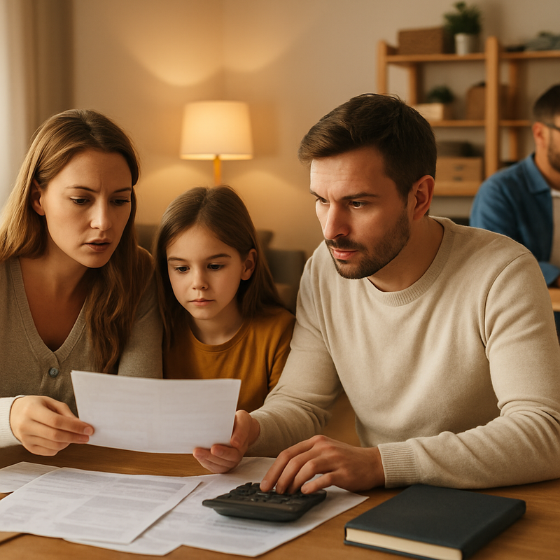 Nederlandse familie en kleine ondernemer bekijken samen financiën thuis