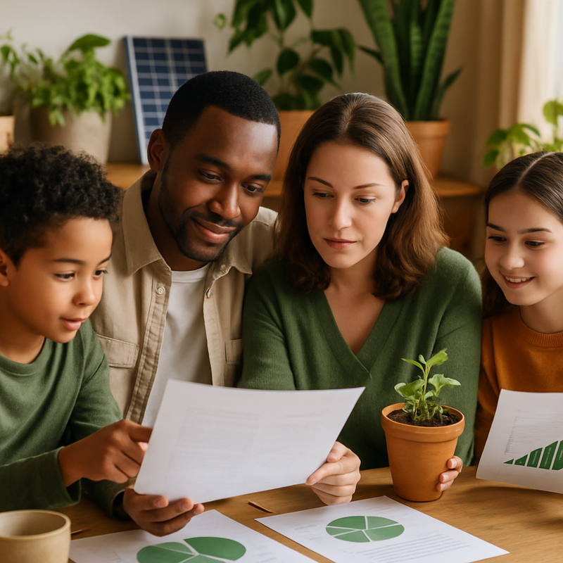 Gezin bekijkt duurzame beleggingsinformatie thuis met groene planten op de achtergrond