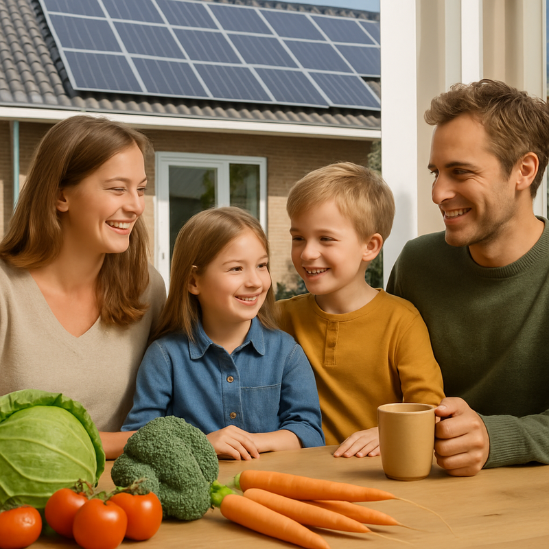 Nederlandse familie die duurzame keuzes maakt met zonnepanelen, verse groenten en fietsen