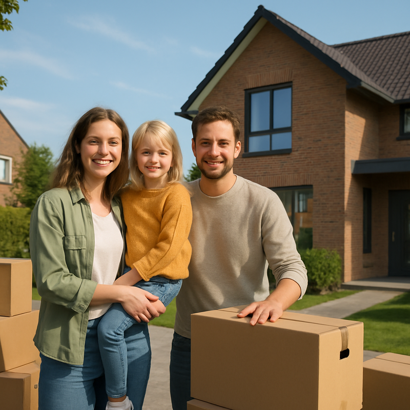 Jong gezin voor hun nieuwe huis met verhuisdozen in een rustige woonwijk