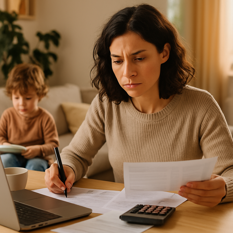 Een alleenstaande ouder die thuis met een laptop de financiën beheert terwijl een kind naast zich speelt