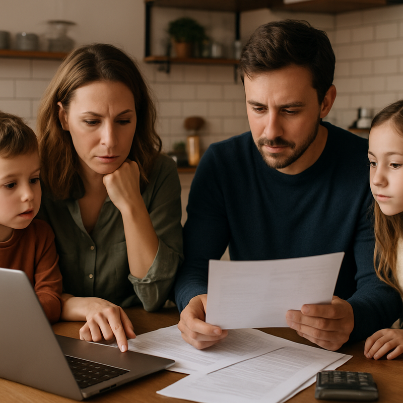 Gezin bekijkt financiën thuis met laptop en papieren