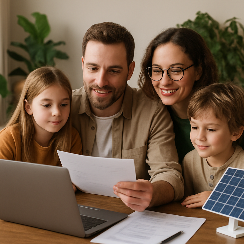 Nederlandse familie thuis met laptop en duurzame investeringssymbolen