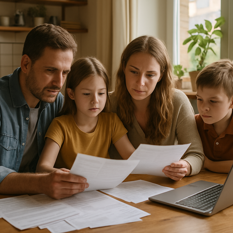 Nederlandse familie bekijkt financiële administratie en budget aan tafel