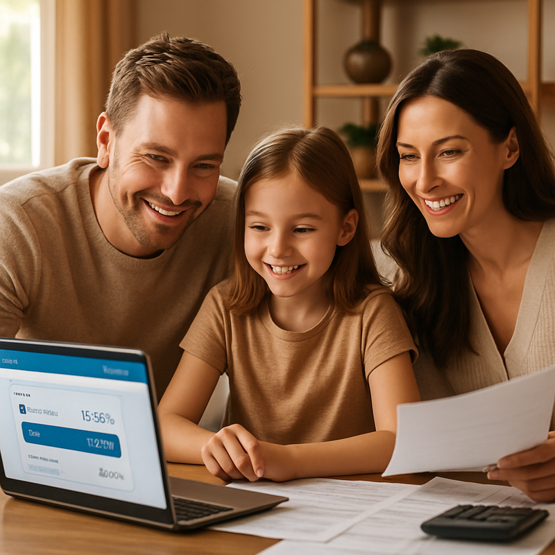 Gezin bekijkt samen spaarrekening en financiële planning op laptop