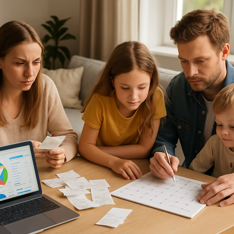 Gezin dat budget plant met laptop, bonnetjes en kalender op tafel