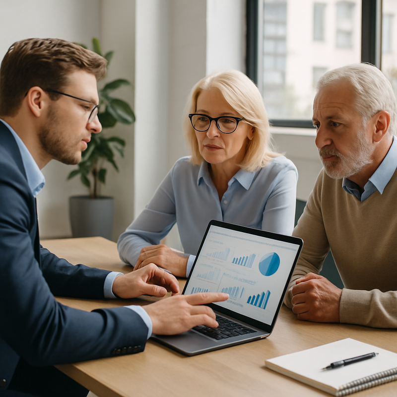 Financieel adviseur bespreekt gegevens met cliënten in een moderne kantooromgeving