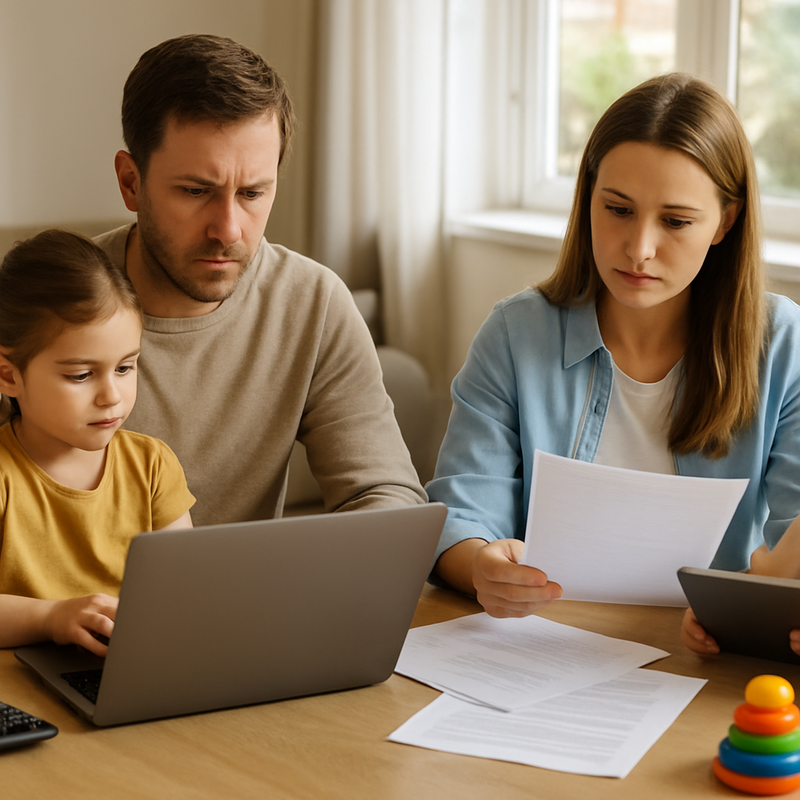Nederlands gezin bekijkt samen financiële documenten met laptop en rekenmachine aan tafel