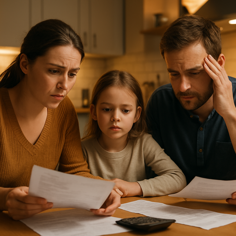 Gezin dat thuis aan tafel hun financiële administratie bespreekt en schulden overweegt