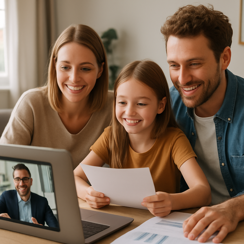 Nederlandse familie bekijkt samen financieel advies via laptop in moderne woning
