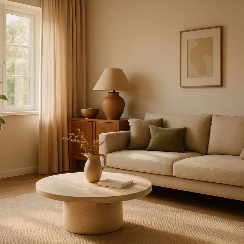 Duurzame woonkamer met keramische tafel en linnen vouwgordijnen in een comfortabel gezinshuis