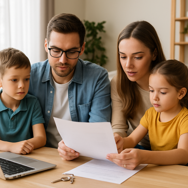 Gezin aan tafel met hypotheekdocumenten, laptop en sleutels, voorbereidend op huis kopen