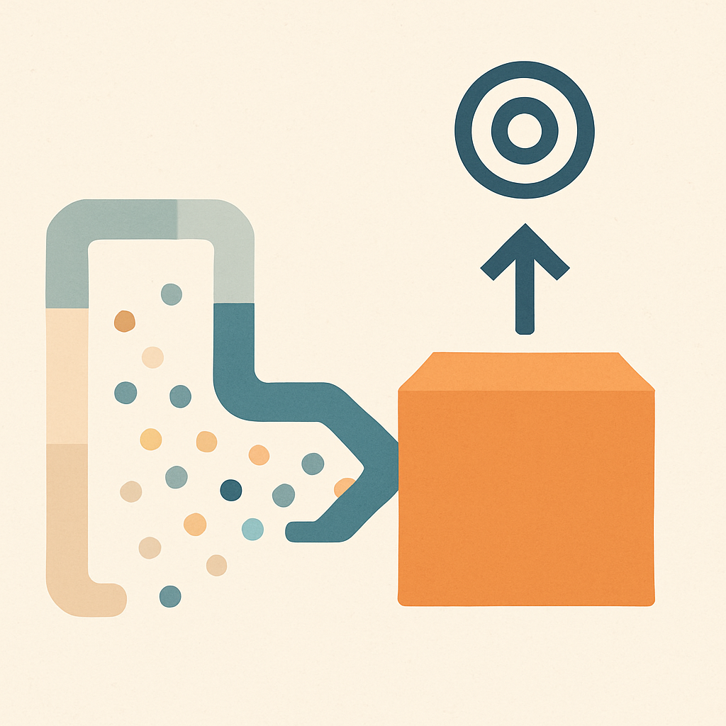 Een minimalistische afbeelding die een gestroomlijnd financieel traject toont, van inkomsten tot geoptimaliseerde besparingen, gesymboliseerd door abstracte vormen en een pictogram voor strategisch succes.