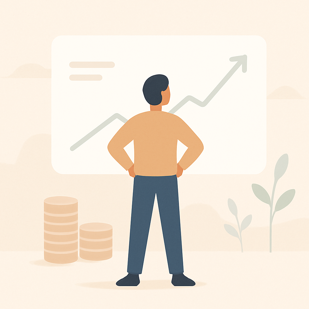 Een minimalistische illustratie van een persoon die voor een abstract dashboard staat. Het dashboard toont een stijgende lijn die financiële groei symboliseert. De persoon straalt controle en richting uit, met zachte kleuren die een gevoel van rust geven.