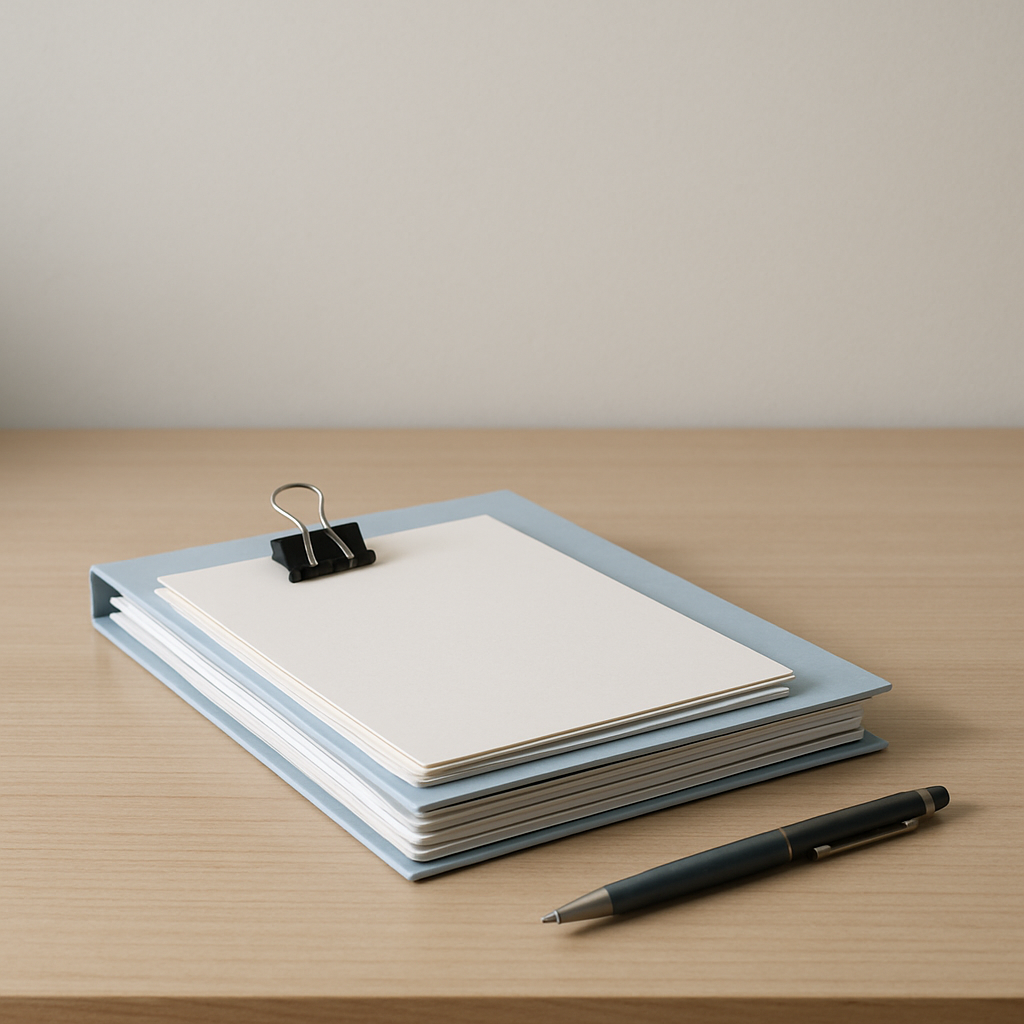 Een minimalistische afbeelding van een bureau met een nette stapel financiële documenten en een pen, symbool voor georganiseerde voorbereiding van de belastingaangifte.