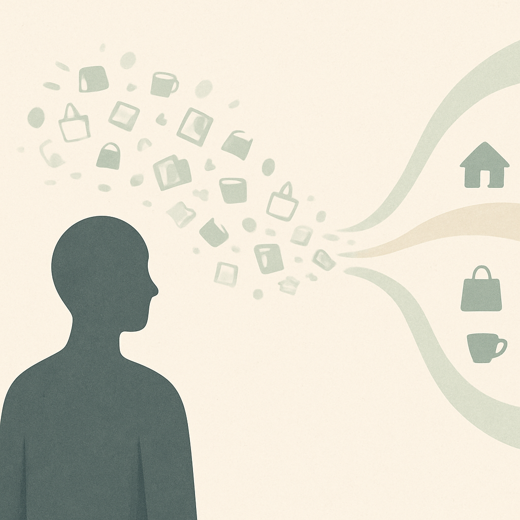 Een minimalistische afbeelding van een persoon die kijkt naar een geordende stroom van uitgaven, gesplitst in vaste en variabele kosten, die voortkomen uit een voorheen chaotische warboel van geldsymbolen, met een focus op helderheid en inzicht.