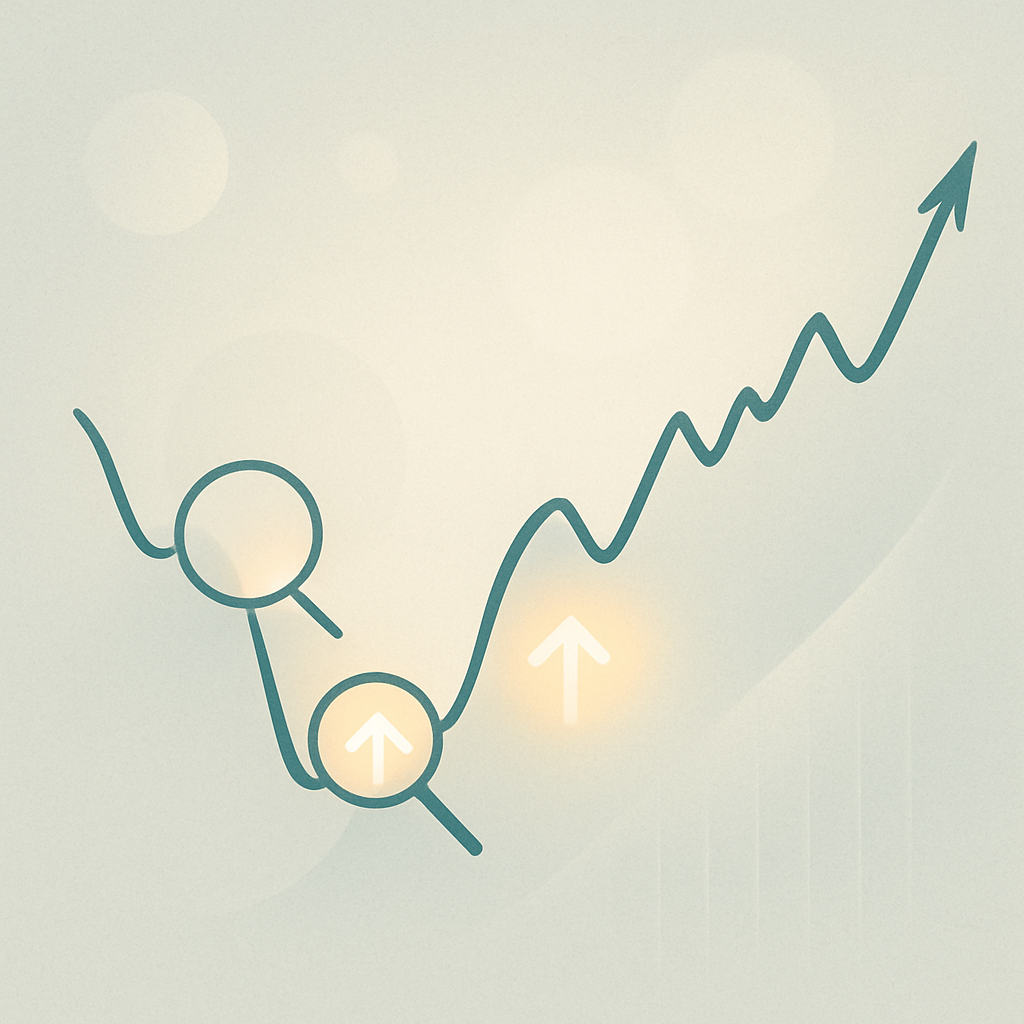 Een minimalistische, abstracte grafiek die marktvolatiliteit weergeeft met dips en pieken. Magnifying glasses of pijlen markeren de dips als koopkansen, en vage groeipatronen symboliseren toekomstig potentieel.