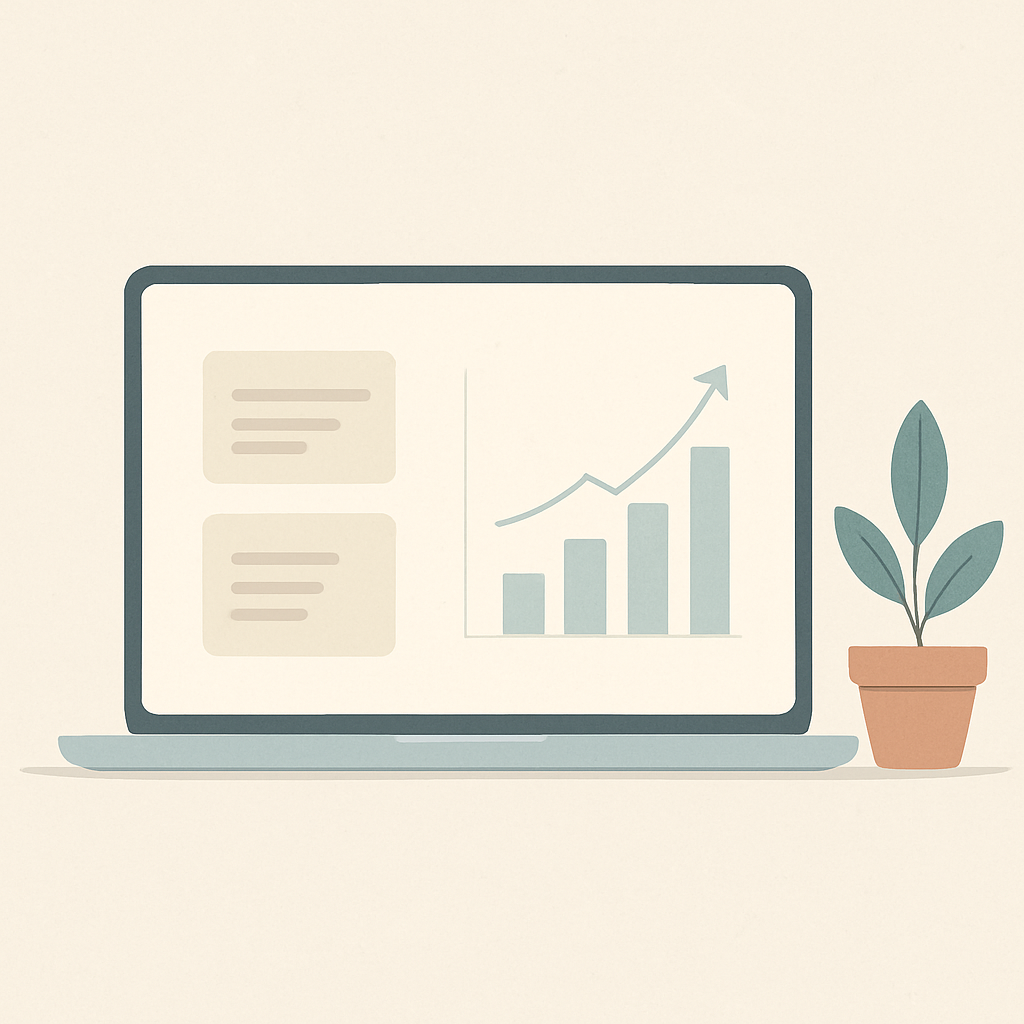Een minimalistische illustratie van een geordende werkplek met een laptop die georganiseerde digitale documenten en een groeigrafiek toont, vergezeld van een kleine plant, symbool voor rust en financiële planning.
