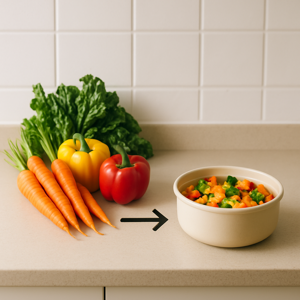 Een minimalistisch beeld van een keukenblad met aan de ene kant verse, ongebruikte groenten en aan de andere kant een kom met een creatief samengestelde maaltijd gemaakt van restjes, wat de overgang van aankoop naar hergebruik symboliseert.