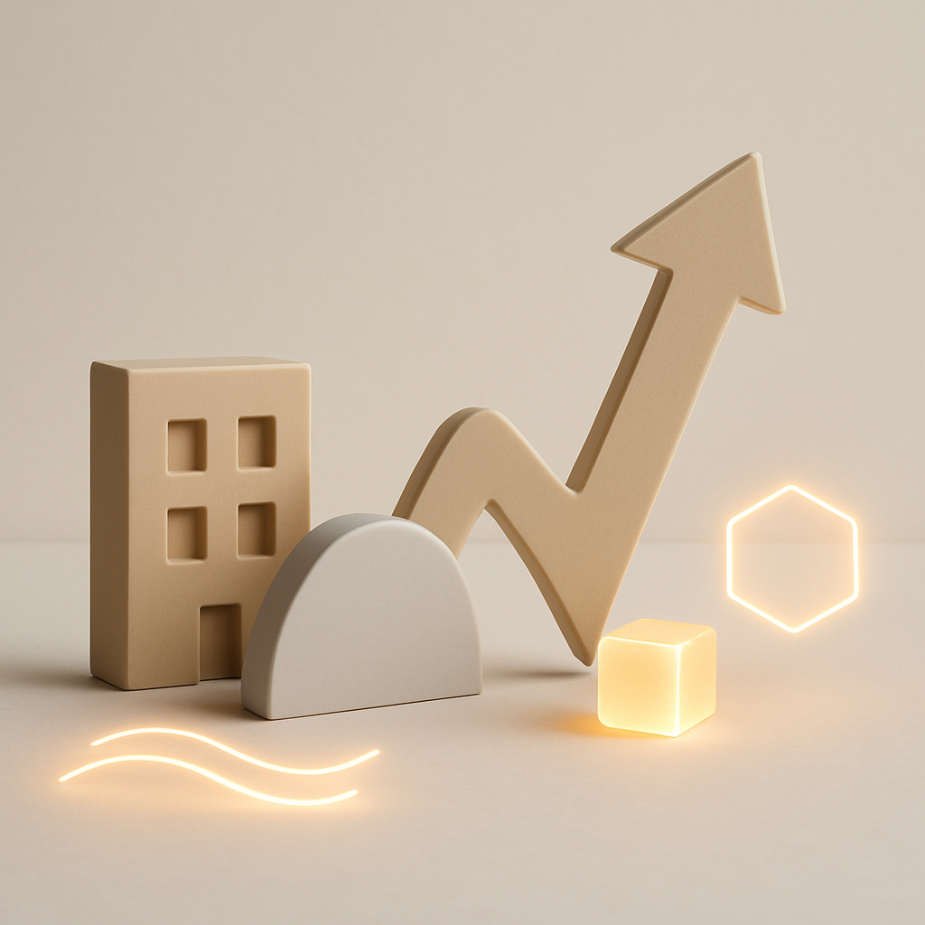 Een minimalistische afbeelding toont een gebalanceerd portfolio met abstracte vormen die aandelen, obligaties en vastgoed voorstellen, aangevuld met kleine digitale vormen die crypto-activa symboliseren.