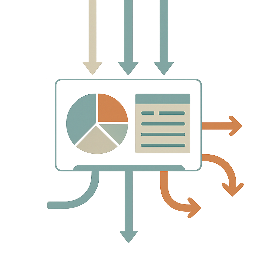 Een minimalistische illustratie van geldstromen: inkomsten die samenkomen en uitgaven die geordend weggaan, met een centraal, abstract diagram dat een georganiseerd budget voorstelt.
