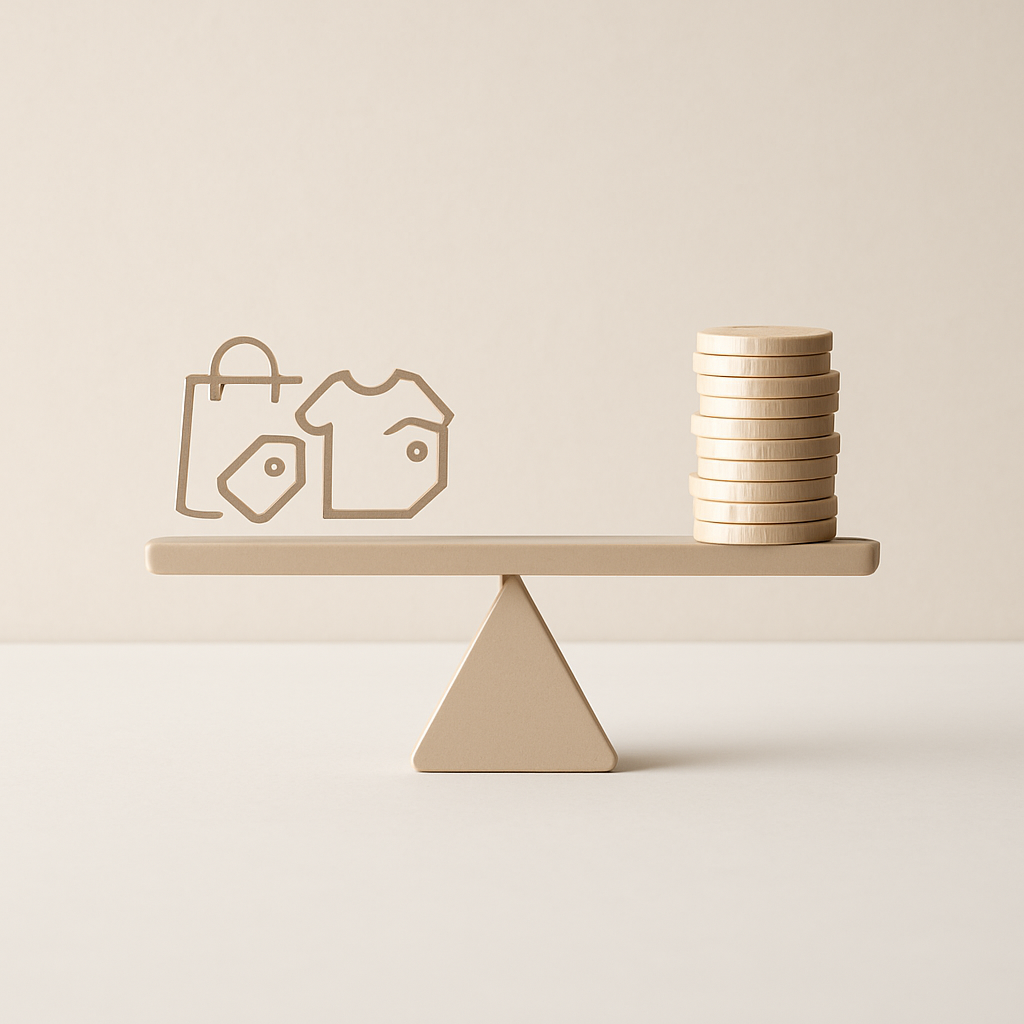 Een minimalistische afbeelding van een weegschaal in balans, waarbij de ene schaal diverse symbolen van productaanbiedingen toont en de andere schaal een groeiende stapel munten. Dit symboliseert het strategisch vergelijken van aanbiedingen om financiële voordelen en rendement te maximaliseren.