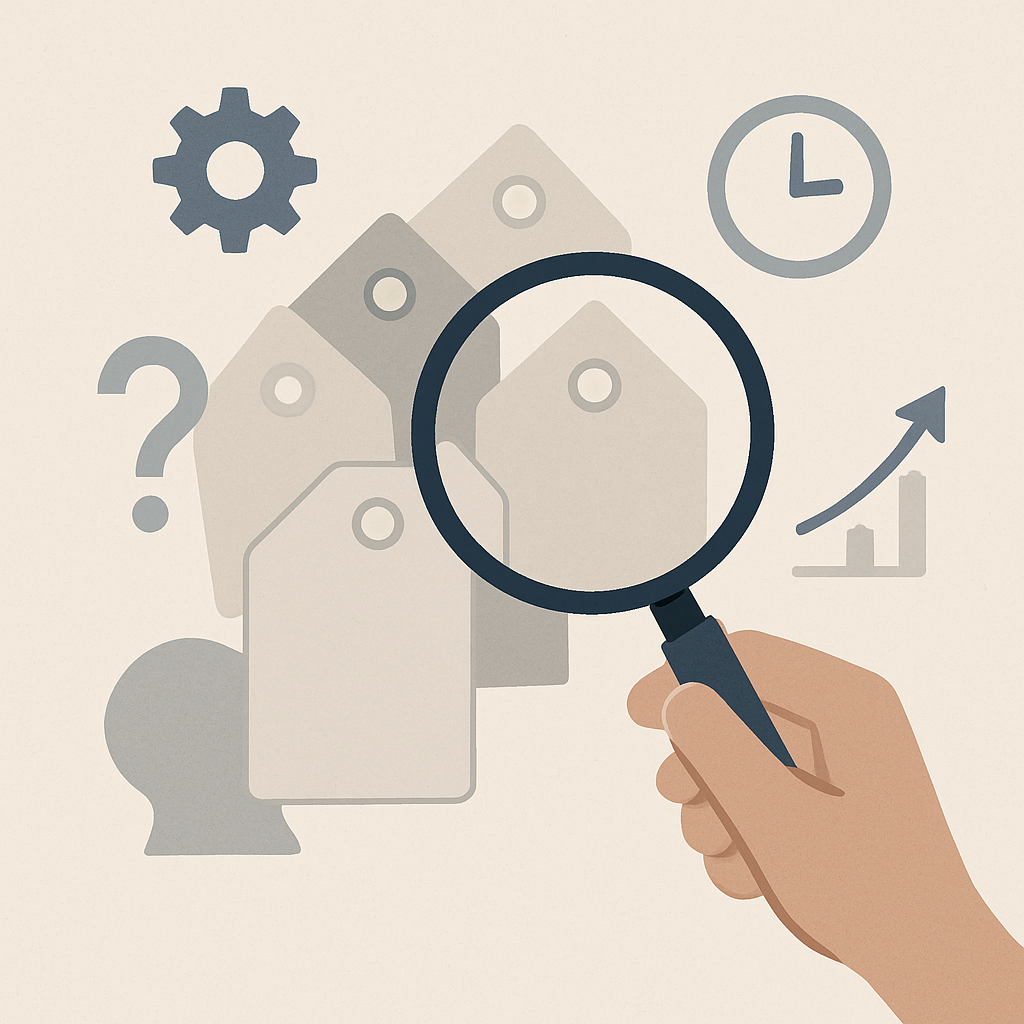 Een minimalistische illustratie van een hand die met een vergrootglas verschillende prijskaartjes bekijkt, met daaromheen symbolen voor kwaliteit, levensduur en verborgen kosten.