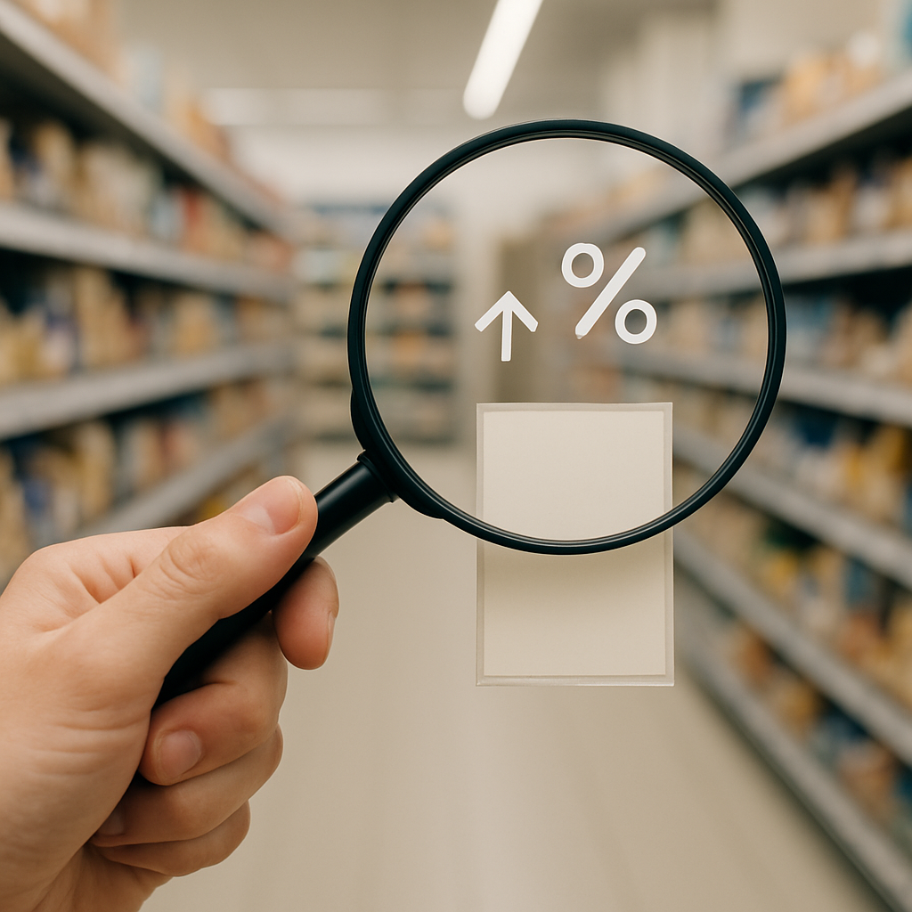 Een hand die een vergrootglas vasthoudt, gericht op een prijskaartje in een supermarktgang, met een opwaartse pijl die rendement symboliseert.