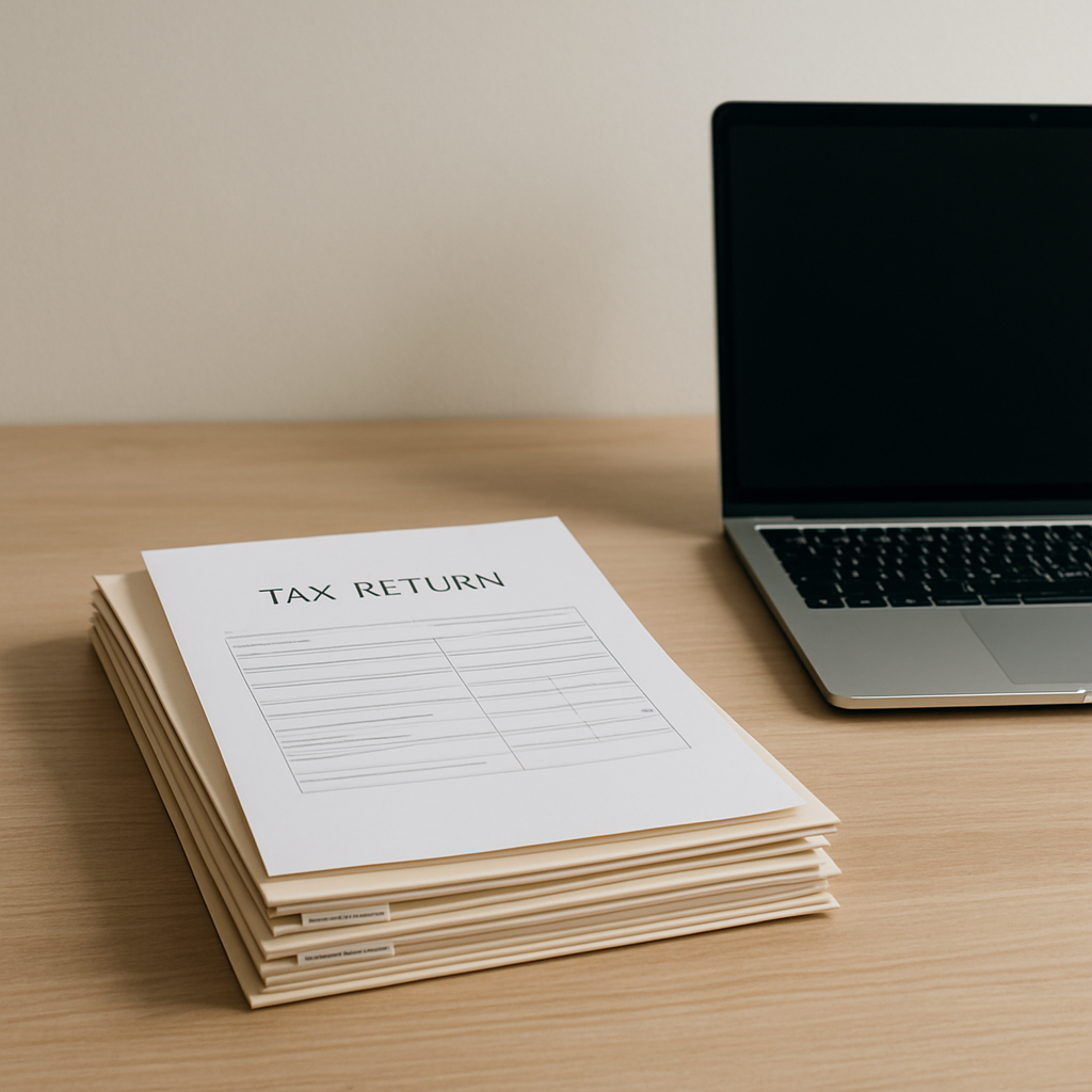 Een minimalistisch bureau met een stapel nette, geordende documenten en een open, leeg laptopscherm, wat voorbereiding en rust symboliseert.