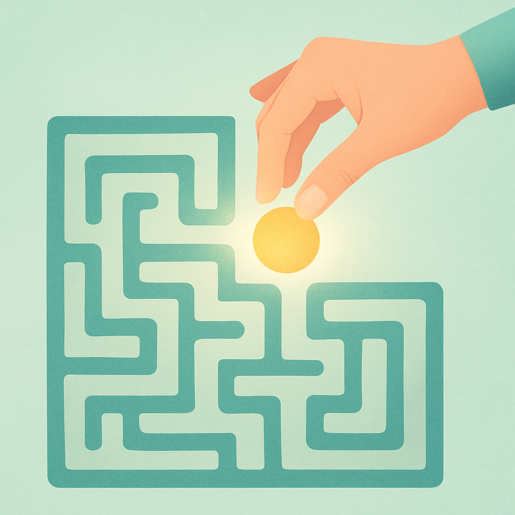 Een hand die symbolisch een muntje of financieel voordeel uit een complexe structuur trekt, wat het ontdekken van aftrekposten en toeslagen voorstelt.