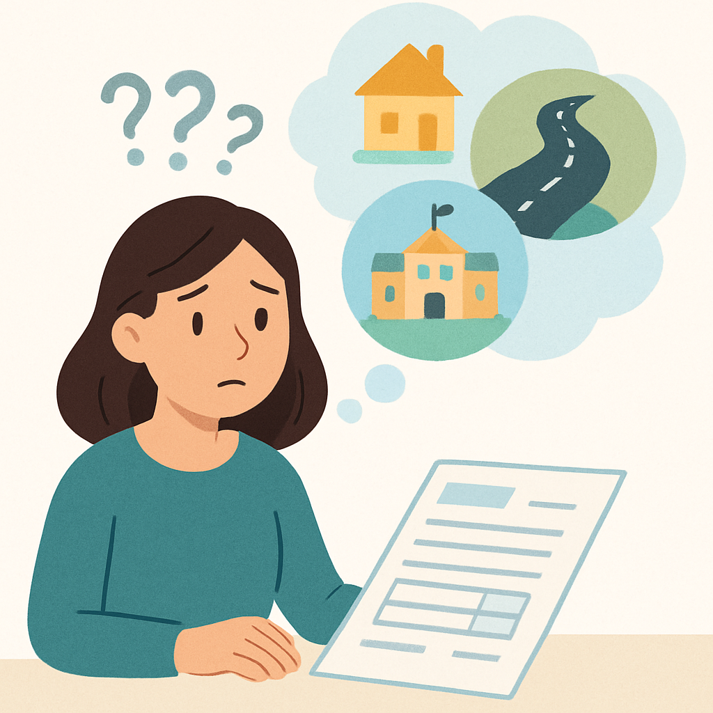 Een minimalistische illustratie van een jonge vrouw die eerst verward kijkt naar een abstract belastingdocument, met vraagtekens boven haar hoofd. Vervolgens verschijnen er symbolen van een huis, een weg en een school, wat haar begrip van het maatschappelijk nut van belasting aangeeft.