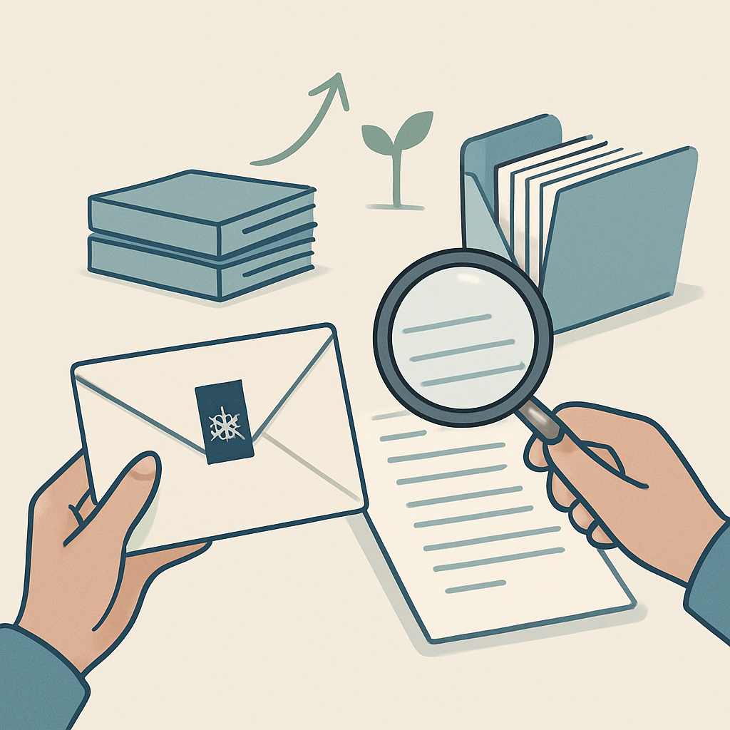 Een minimalistische illustratie van een hand die een officiële brief vasthoudt en een andere hand met een vergrootglas boven een document, met op de achtergrond gestileerde archiefmappen en een klein groen blaadje dat groei symboliseert.