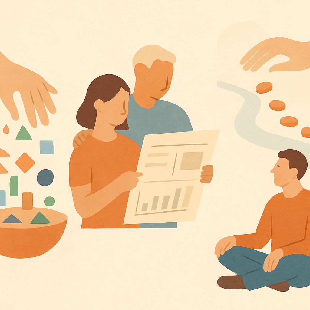 Een minimalistische illustratie van drie beleggingsopties. Links kookt iemand zijn eigen financiële maaltijd door zelf aandelen te kiezen. Middenin overleggen twee mensen met een financieel plan. Rechts zit iemand ontspannen terwijl experts zijn vermogen beheren.