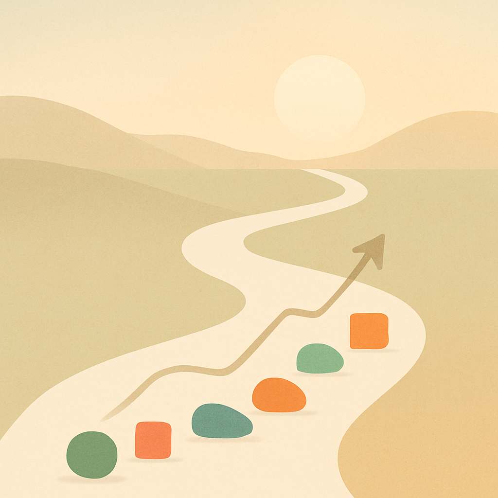 Een minimalistische afbeelding van een kronkelend pad door een rustig landschap naar een verre horizon, met verspreide, eenvoudige objecten die diverse beleggingen symboliseren en een gestage groei suggereren.