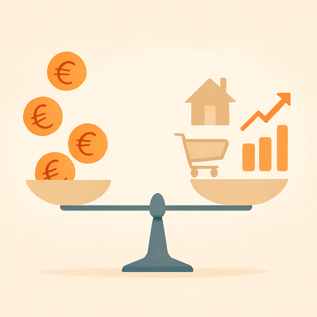 Een minimalistische afbeelding van een weegschaal in balans, met geldinkomsten aan de ene kant en gecategoriseerde uitgaven (vaste lasten, variabele kosten, sparen/investeren) aan de andere kant, wat een gecontroleerd budget symboliseert.
