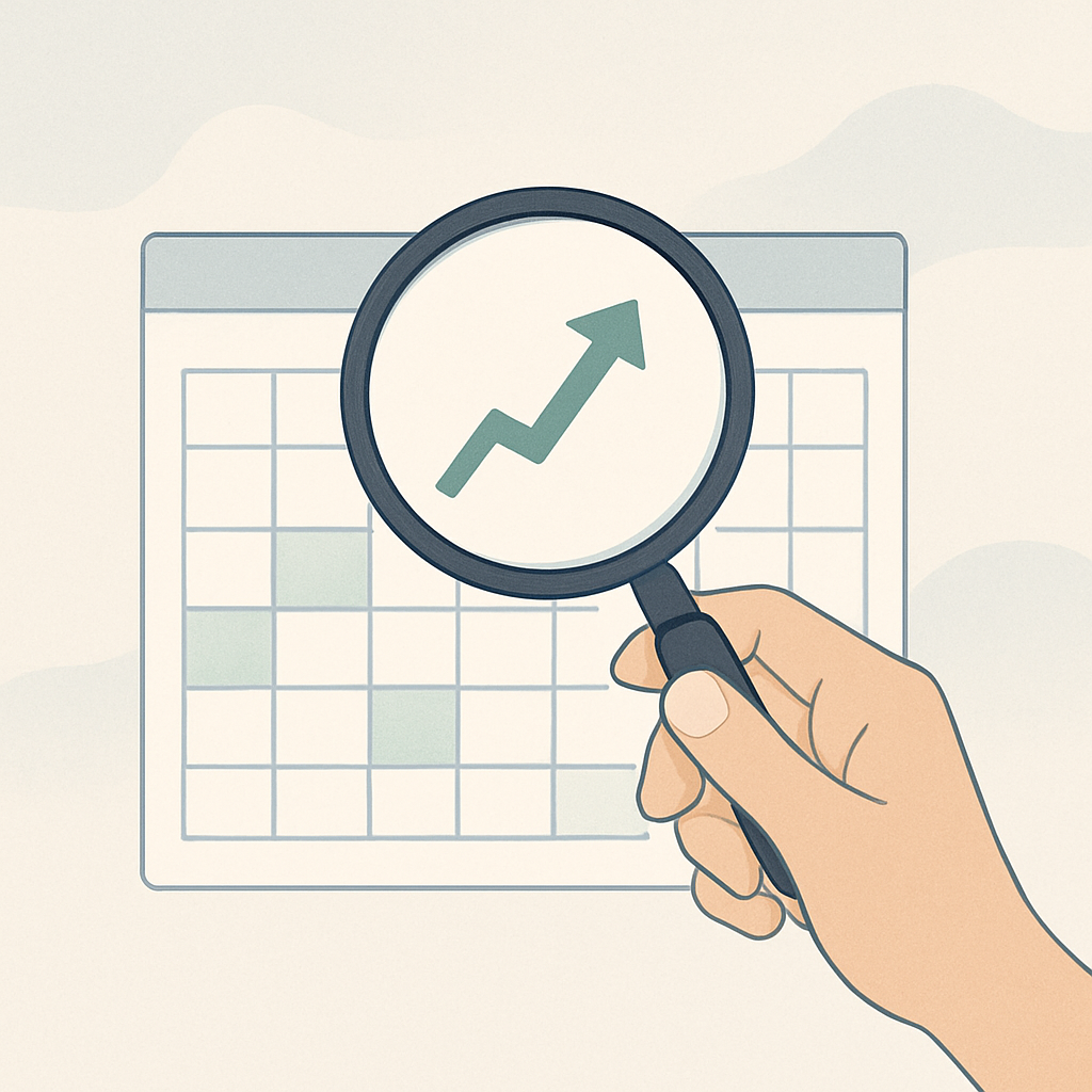 Een minimalistische illustratie van een hand die een vergrootglas boven een maandkalender of spreadsheet houdt, wat het proces van maandelijkse budgetbeoordeling en optimalisatie symboliseert.