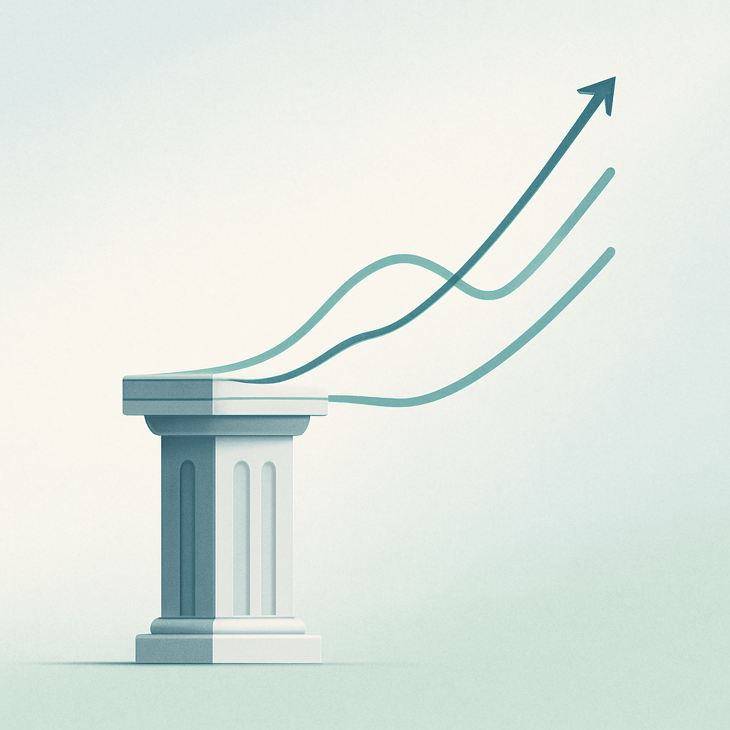 Een minimalistische afbeelding van een solide basisblok waaruit gestileerde, opwaartse lijnen van financiële groei omhoogkomen, symboliserend de fundering van budgetteren voor succes en controle.