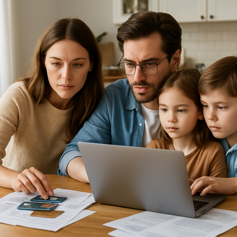 Nederlands gezin controleert kredietscore en beheert rekeningen aan keuken tafel