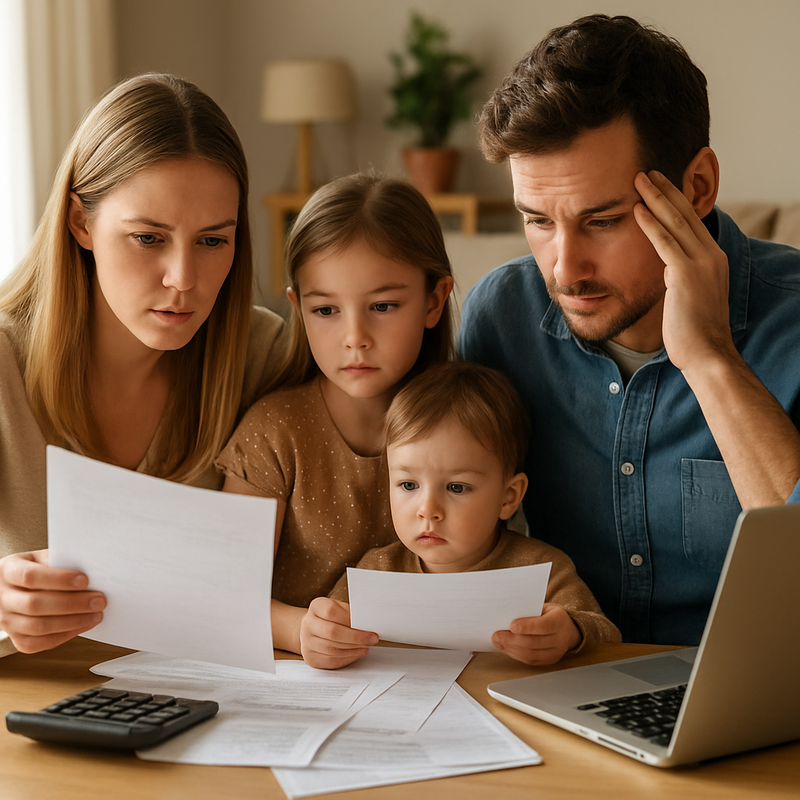 Gezin aan tafel met laptop en papieren, bezig met zorgverzekering en financiële planning