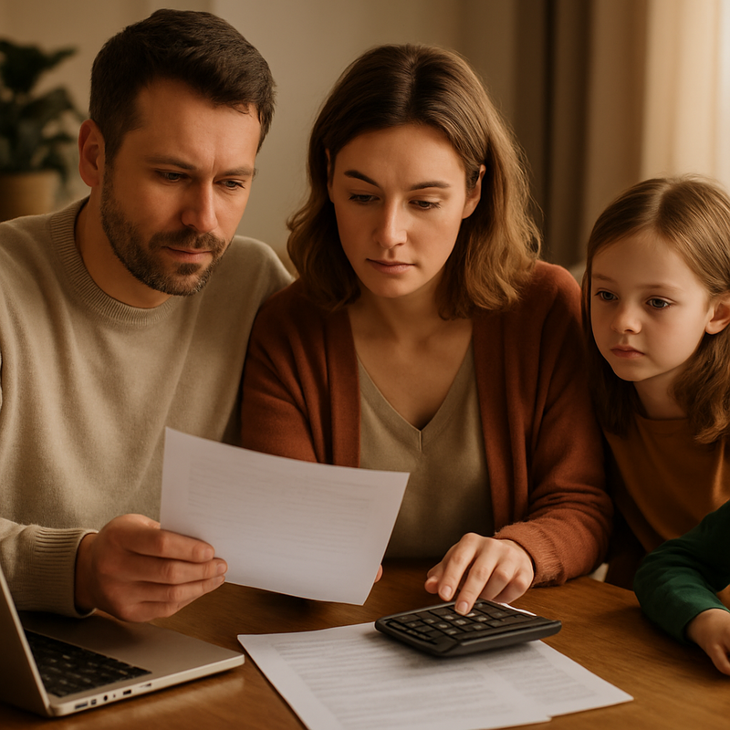 Nederlandse familie controleert financiële documenten thuis met laptop en rekenmachine