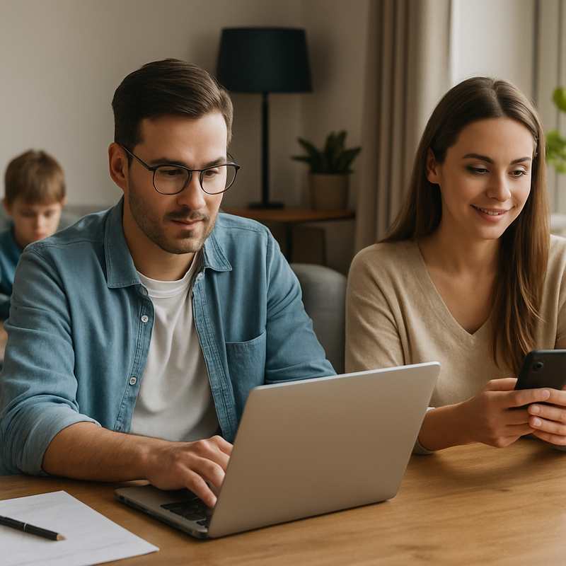 Drukke ouders beheren hun passieve inkomen via laptop en smartphone thuis