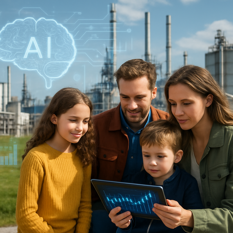 Familie die financiële plannen bekijkt met achtergrond van moderne industrie en AI-technologie