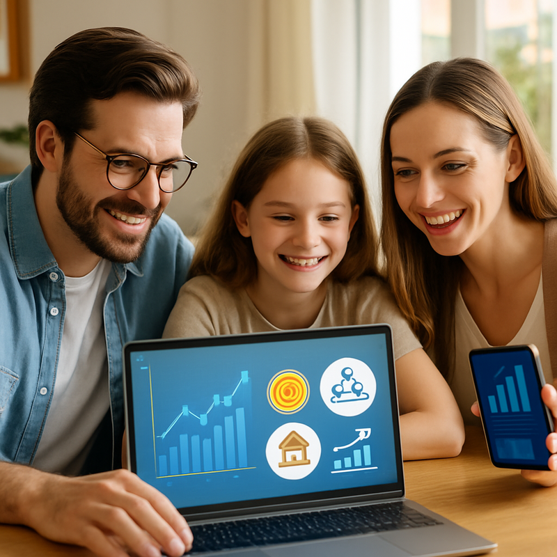 Moderne familie die digitale investeringsplatformen onderzoekt via laptop en smartphone thuis